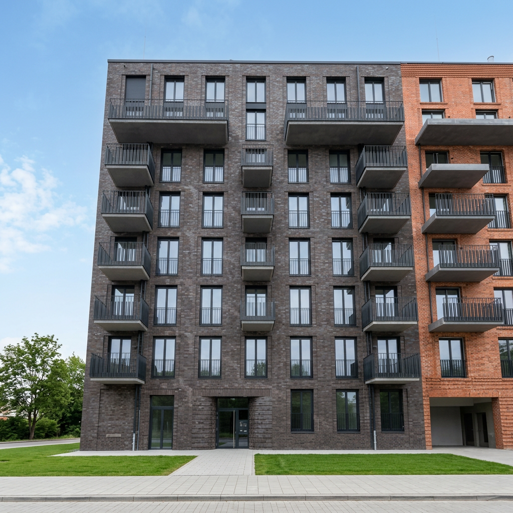 Neubau Erika-Köth-Straße im Münchner Werksviertel, Klinkerfassade mit Balkonen