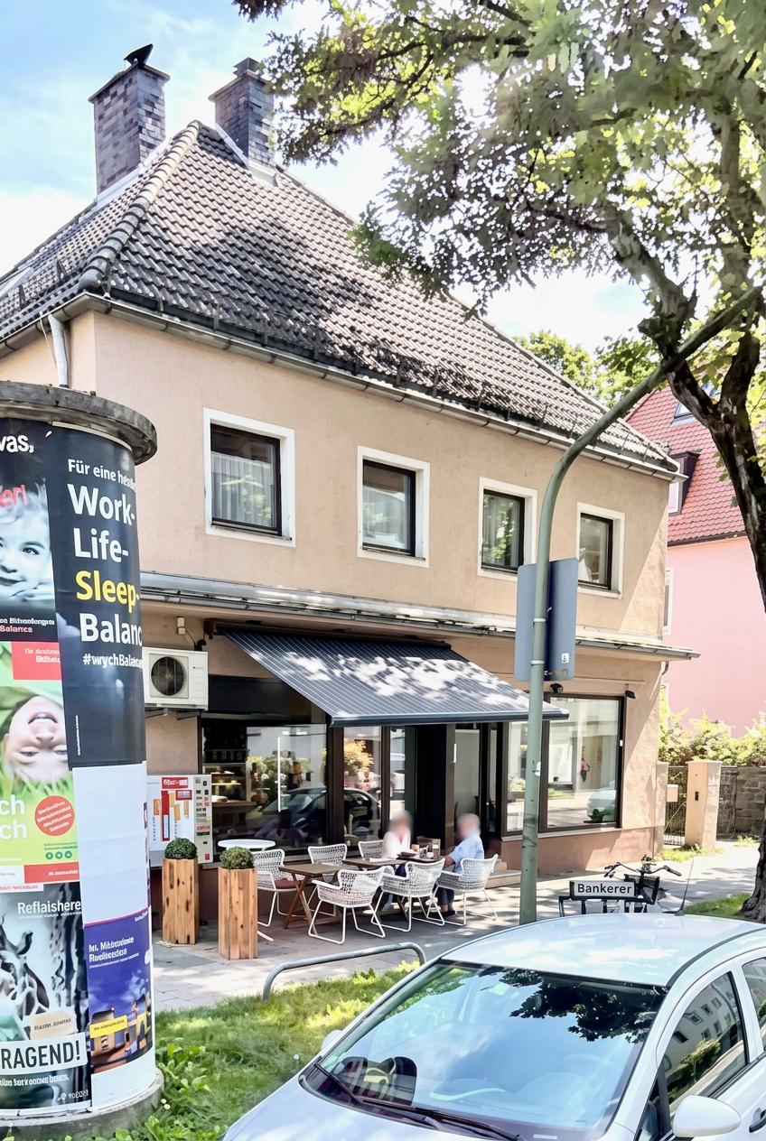 Hausansicht der Gewerbefläche mit Terrasse und Schaufensterfront in der Ungsteiner Straße 3, München-Giesing