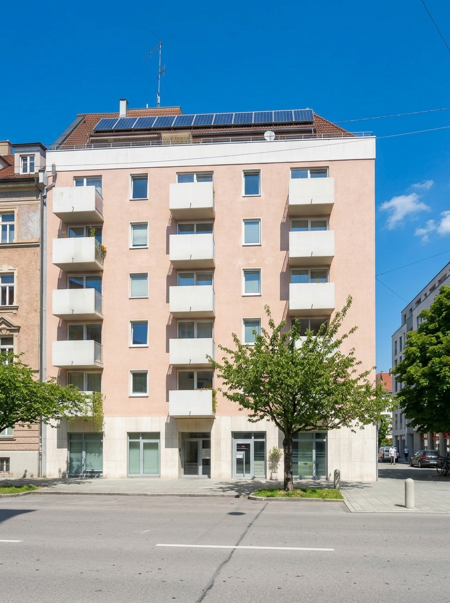Hausansicht eines sanierten Wohnhauses in Schwabing mit Balkonen