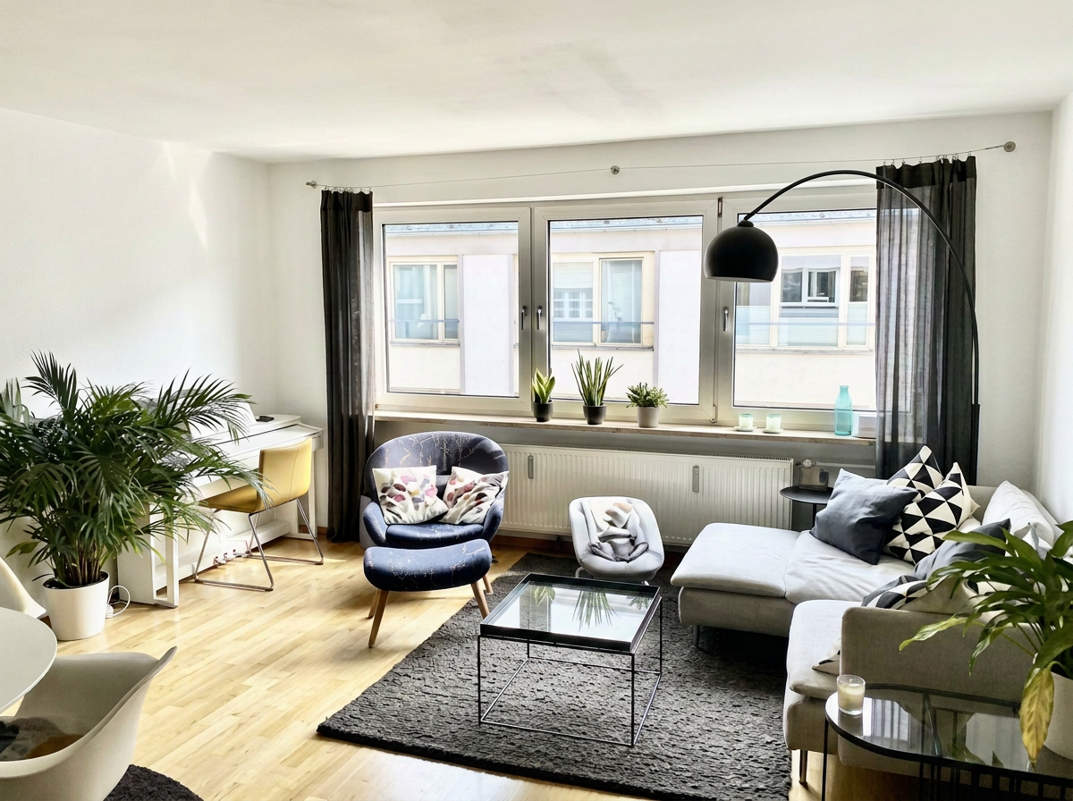 Wohnzimmer einer 3-Zimmer-Wohnung in der Hohenzollernstraße, Schwabing München